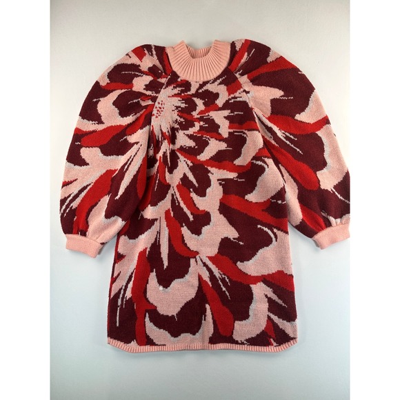 Farm Rio Flower Knit Sweater Dress Pink Balloon Sleeves Large Artsy Wool Blend - Picture 5 of 15